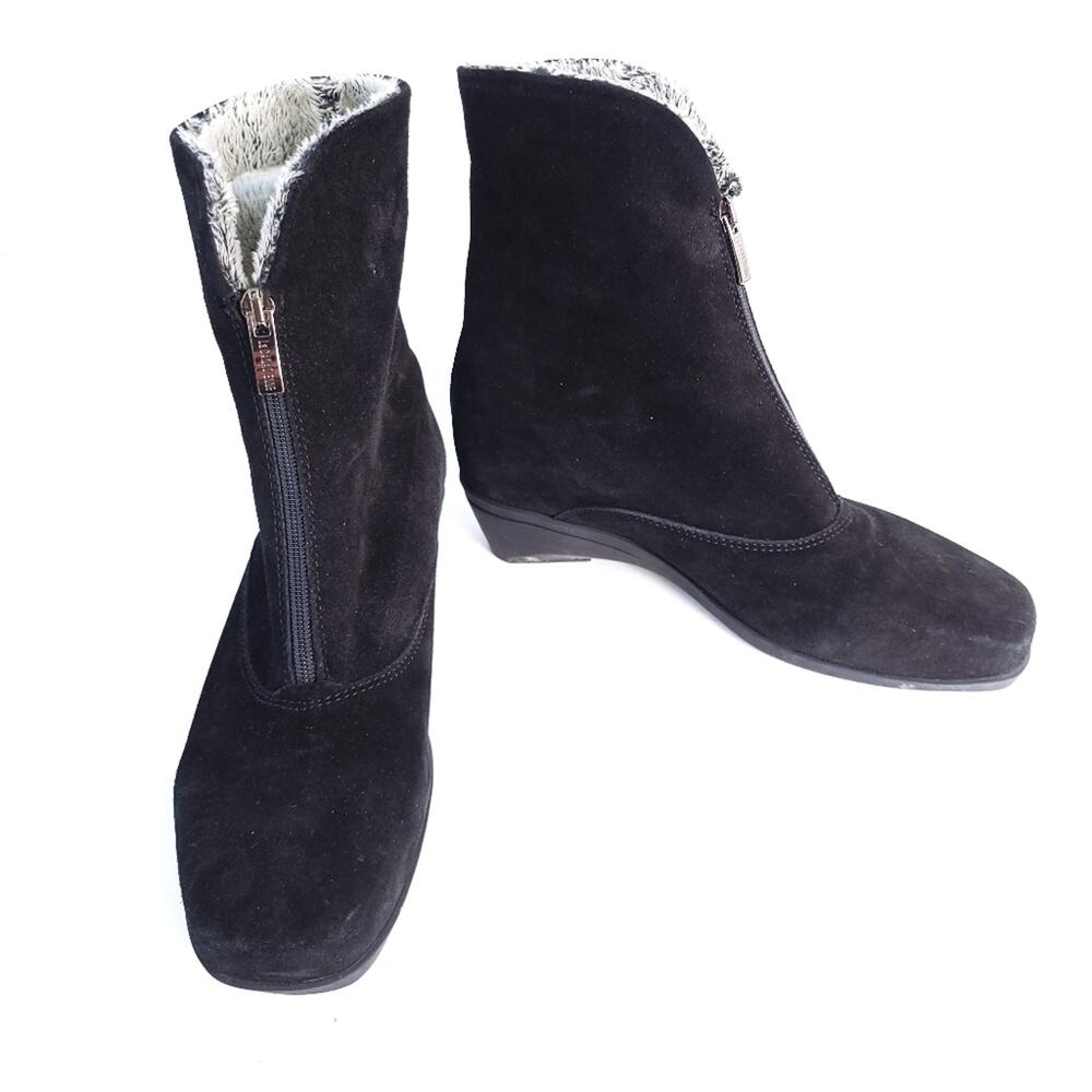 LA CANADIENNE Boots SZ 6 Women Black Suede Leather Zip Up Front Microfiber Lined
